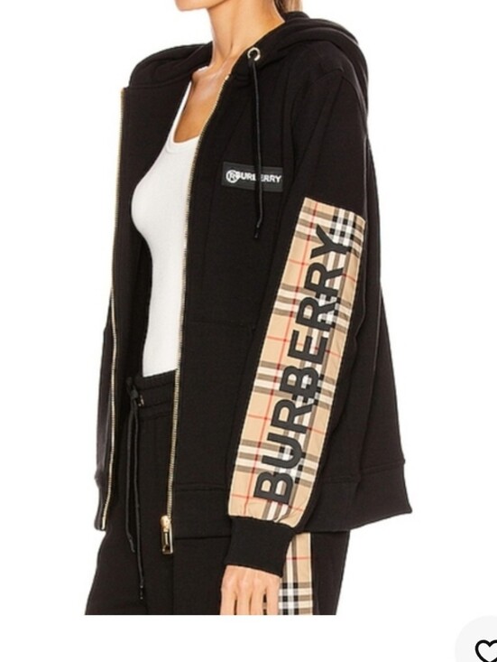Burberry Jackets & Blazers - Burberry Black Zip Hoodie with Beige Nova Check Sleeve